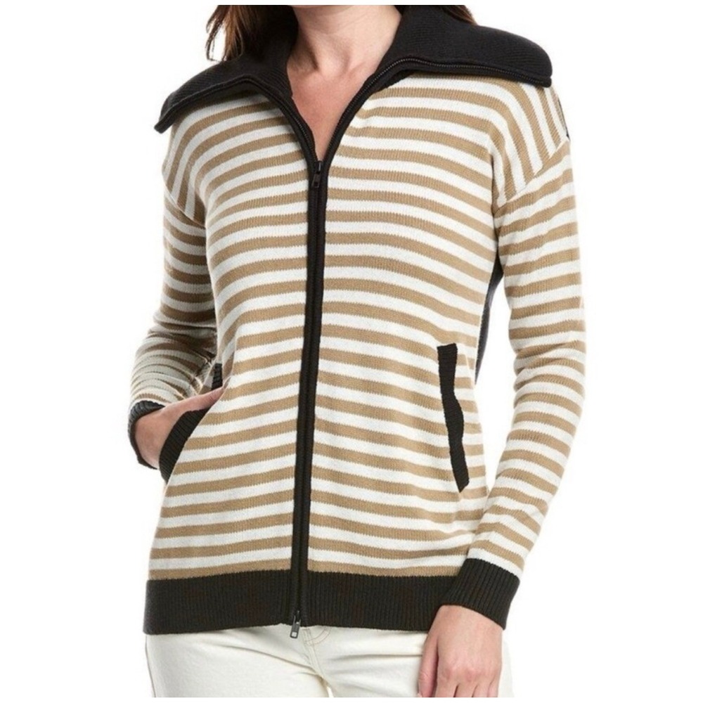 Cabi Mascot Cardigan 6448 Tan White Striped Black Full Zip Sweater Womens Small